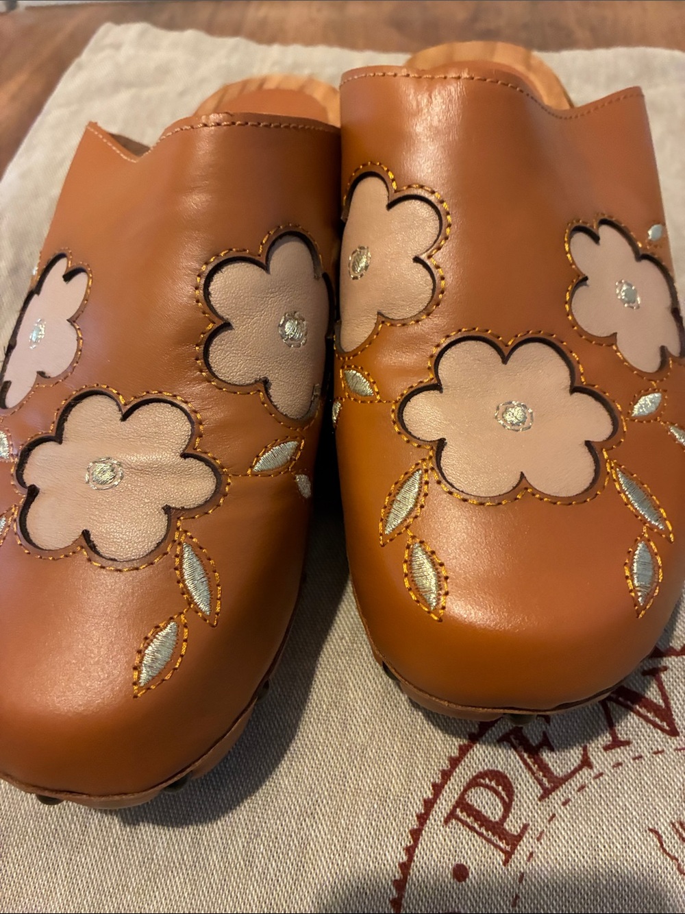 Penelope Chilvers Tan Leather Floral Appliqué Clog Mules